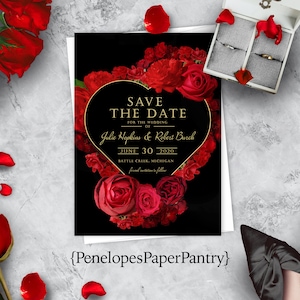 Carte réservez une date pour mariage, roses rouges, guirlande de coeur personnalisée, Saint-Valentin, impression dorée, carte imprimée scintillante avec enveloppe, calendrier en option