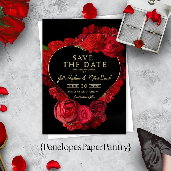 Save The Date Card,Wedding Save The Date,Red Rose Save Our Date,Wreath,Gold Print,Calligraphy,Personalized,Printed Cards,Envelope Included