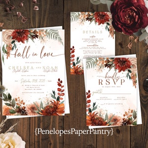 Fall In Love,Floral,Fall Wedding Invitation,Fall Wedding Invite,Burnt Orange,Terra Cotta,Beige,Calligraphy,Personalize,Printed,Envelope