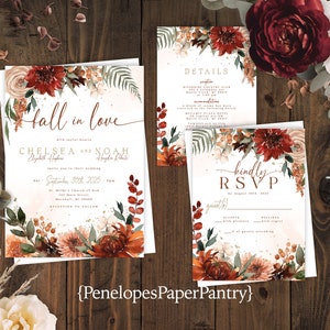 Elegant Floral Fall Wedding Invitation Personalized Terracotta Burnt Orange Fall In Love Printed Invitation Envelope Included Calligraphy