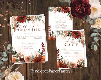 Elegant Floral Fall Wedding Invitation Personalized Terracotta Burnt Orange Fall In Love Printed Invitation Envelope Included Calligraphy