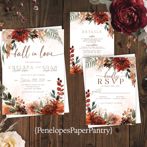 Fall In Love,Floral,Fall Wedding Invitation,Fall Wedding Invite,Burnt Orange,Terra Cotta,Beige,Calligraphy,Personalize,Printed,Envelope