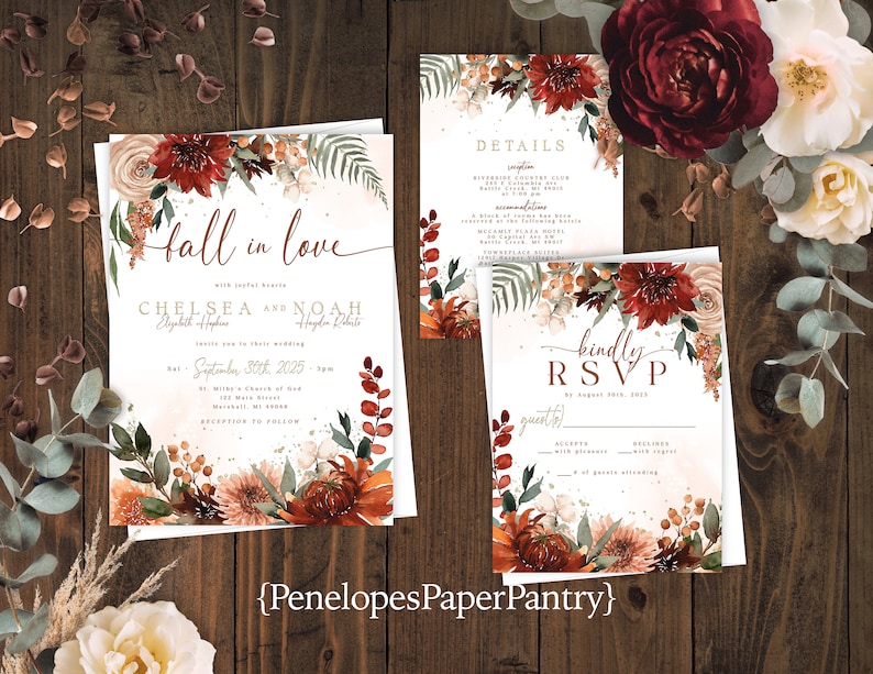 Fall In Love Floral Wedding Invitation,Personalized,Fall Wedding Invite,Calligraphy,Burnt Orange,Terra Cotta,Custom Invite,Envelope Included image 1
