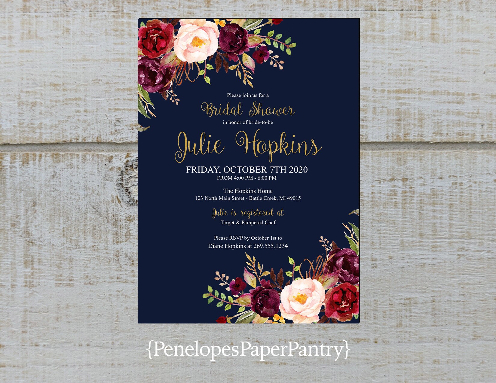 Elegant Rustic Fall Bridal Shower Invitation,Navy,Burgundy,Marsala,Bl…