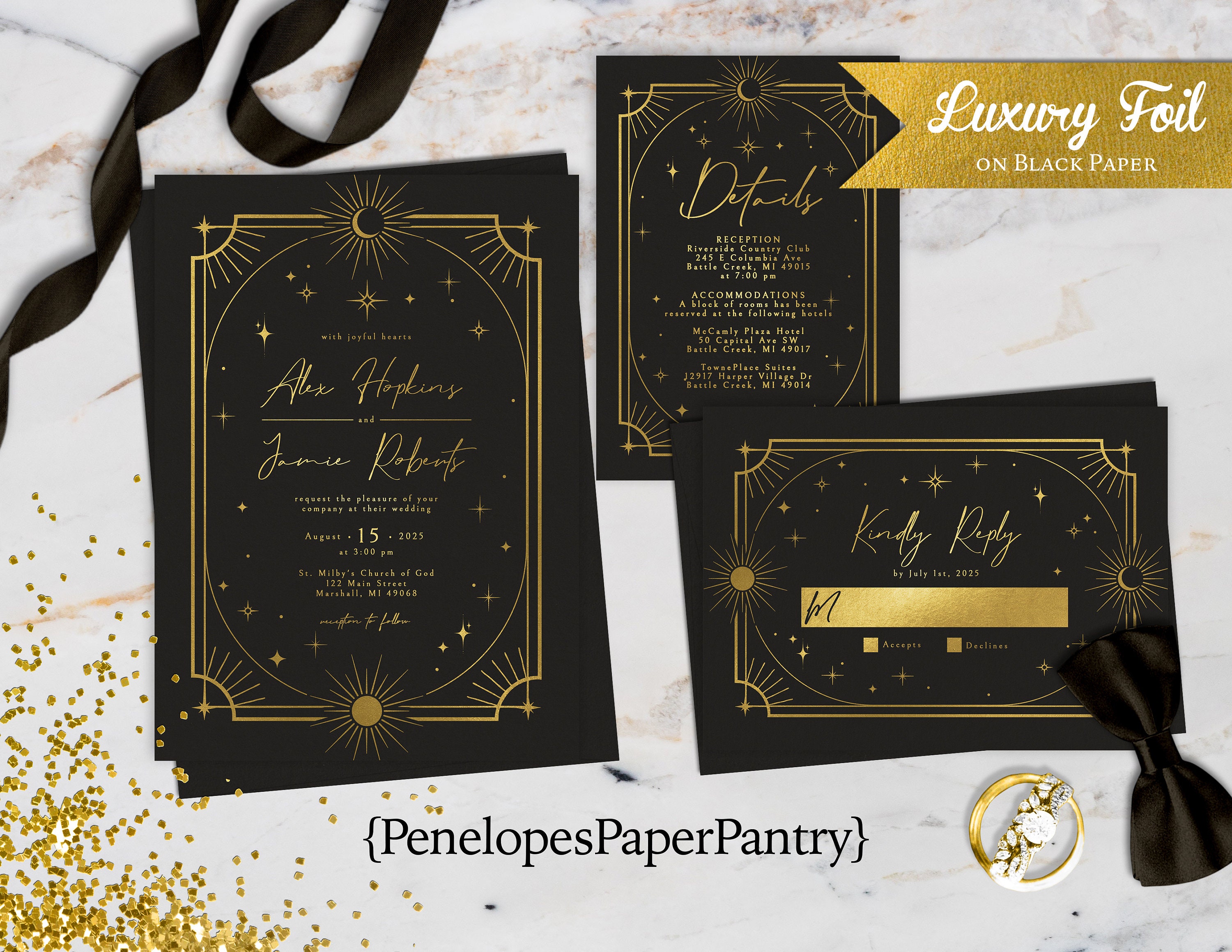 Black and Gold Foil Wedding Invitation, Ethereal Theme - Etsy