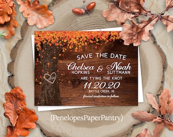 Personalized,Rustic Wedding Save The Date Card,Rustic Fall Wedding,Custom Save The Date,Barn Wood,Oak Tree,Printed Save The Date,Envelopes