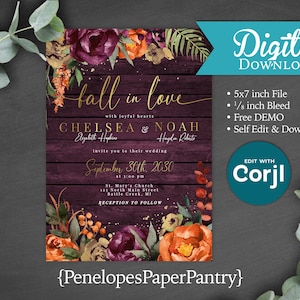 May include: A digital wedding invitation with a rustic theme. The design features a dark wood background, floral accents in burgundy and orange, and gold text. The invitation includes the names Chelsea and Noah, wedding details, and the text "Fall in Love".