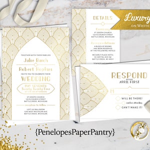 Art Deco Wedding Invitation,Art Deco Wedding Invite,White,Gold Foil Print,White and Gold,Classic Art Deco,Envelope Included,Personalize image 1