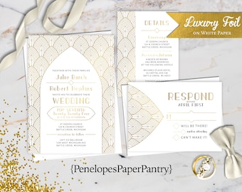 Art Deco Wedding Invitation,Art Deco Wedding Invite,White,Gold Foil Print,White and Gold,Classic Art Deco,Envelope Included,Personalize