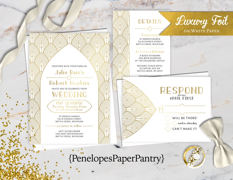 Art Deco Wedding Invitation,Art Deco Wedding Invite,White,Gold Foil Print,White and Gold,Classic Art Deco,Envelope Included,Personalize image 1
