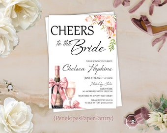 Brunch and Bubbly Bridal Shower Invitation,Summer Bridal Shower Invite,Champagne Flute,Pink,Blush,Roses,Shimmery,Envelope Included,Printed