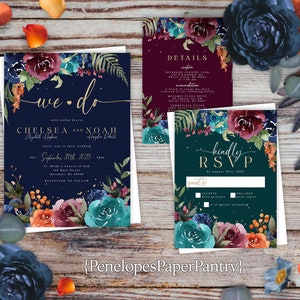 Fall Wedding Invitation,Fall Floral Invite,Jewel Tone Invitation,Navy Invitation,Navy,Dark Green,Plum,Gold Calligraphy,Shimmery,Personalize