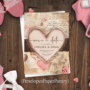 vintage Saint-Valentin mariage carte « Save the Date » coeur personnalisé rose parchemin texte personnalisé cartes imprimées enveloppes incluses fantaisiste Unique