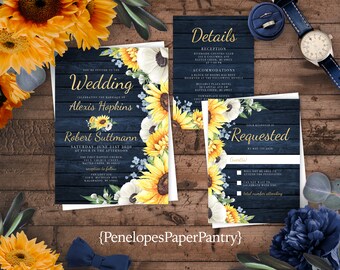 Rustic Sunflower Wedding Invitation,Sunflower Wedding Invite,Rustic Navy Wood,Navy,Sunflowers,Gold Calligraphy,Shimmery Invitation,Envelope