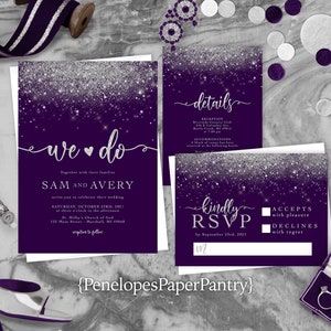 Glam Purple and Silver Wedding Invitation,Purple,Silver,Wedding Invite,Purple Invite,Silver Glitter Print,Calligraphy,Shimmery Invitation
