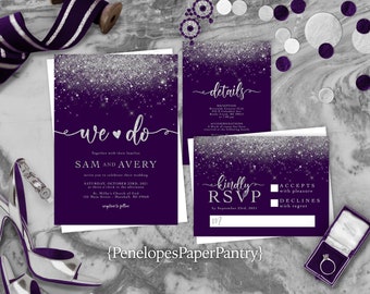 Glam Purple and Silver Wedding Invitation,Purple,Silver,Wedding Invite,Purple Invite,Silver Glitter Print,Calligraphy,Shimmery Invitation