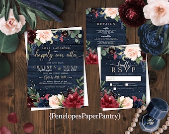 Rustic Navy Floral Fall Wedding Invitation Suite: Love Laughter Happy Ever After Personalized Printed