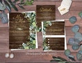 Rustic Greenery Wedding Invitations,Eucalyptus,Botanical,Leaves,Calligraphy,Barn Wood,Gold Print,Shimmery,Custom,Printed Invitation