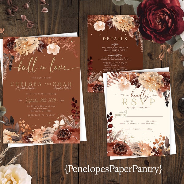 Terracotta,Floral,Fall Wedding Invitation,Fall Wedding Invite,Rust,Ivory,Gold Calligraphy,Shimmery,Personalize,Printed  Invitation,Envelope