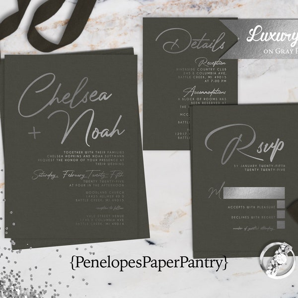 Luxurious Gray and Silver Foil Wedding Invitation,Gray and Silver Wedding Invite,Silver Foil Print,Matte Gray,Customized,Envelopes Included