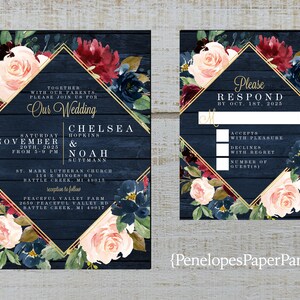 Rustic Navy Floral Fall Wedding Invitation,Mr and Mrs,Burgundy,Blush,Navy Blue,Roses,Barn Wood,Gold Print,Shimmery,Printed Invitation,Custom