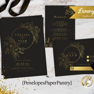 Luxury Black and Gold Foil Wedding Invitation,Midnight Black,Gold Foil Print,Floral Bouquet,Gold Foil,Personalize,Printed,Black Envelope