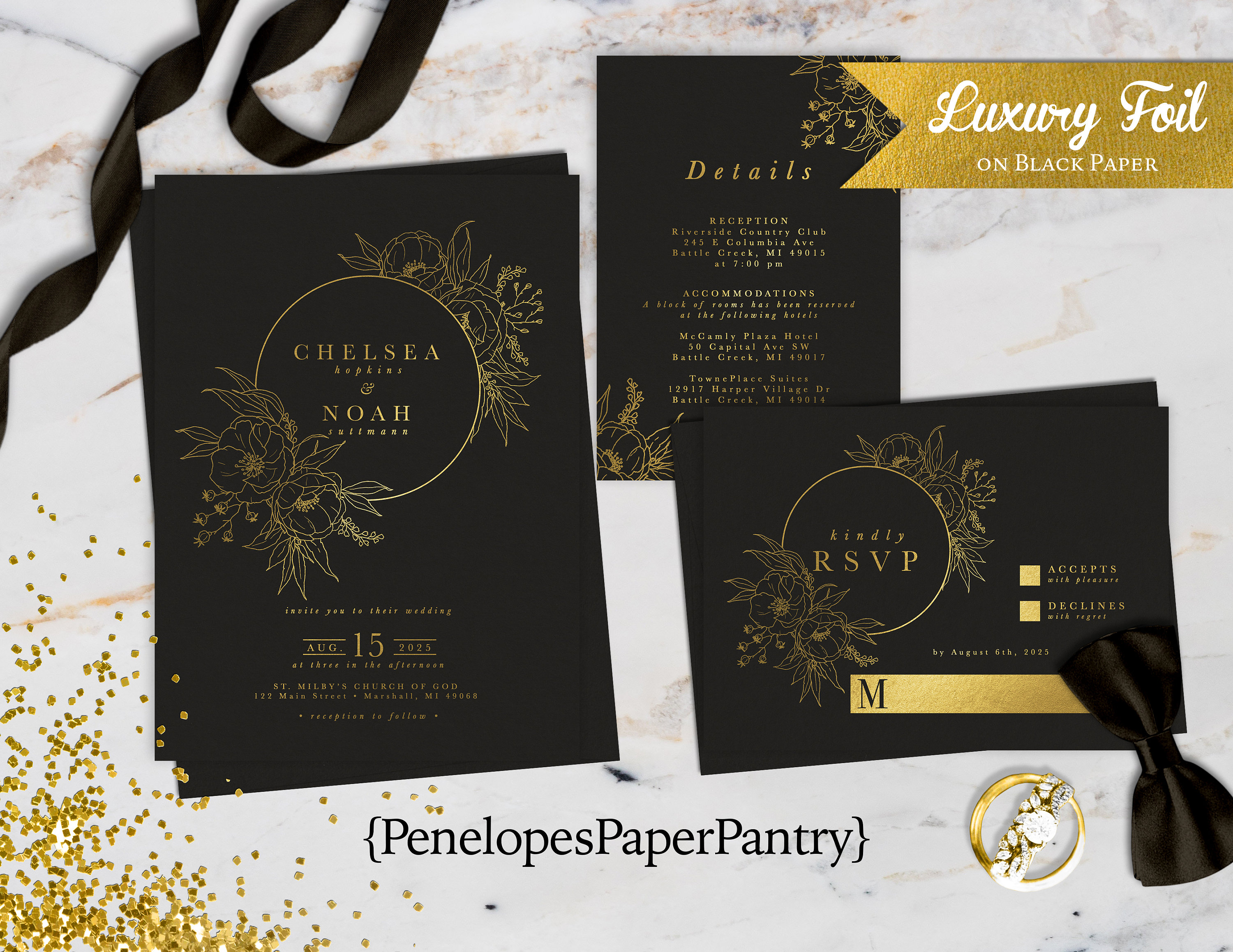 Luxury Black and Gold Wedding Invitation Personalized Midnight Black Gold  Foil Print Floral Silhouette Printed Invitation Envelopes Included - Etsy, image size:3000x2318