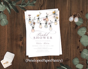 Whimsical Wildflower Bridal Shower Invitation: Fairy Lights, Personalized and Printed