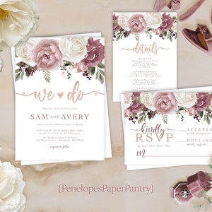 Whimsical Mauve Floral Summer Wedding Invitation,Set,Suite,Dusty Rose,Roses,Rose Gold,Shimmery,Personalize,Printed Invitation,Envelope