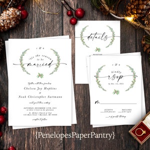 Elegant Winter Wedding Invitation,Tis The Season To Be Married,Evergreen Branches,Calligraphy,Personalize,Printed Invitation,Envelope image 1