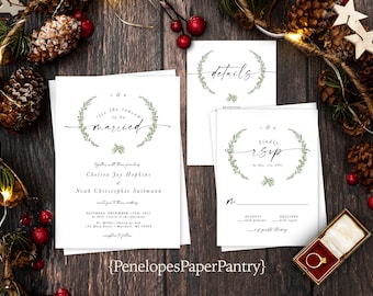 Elegant Winter Wedding Invitation,Tis The Season To Be Married,Evergreen Branches,Calligraphy,Personalize,Printed Invitation,Envelope