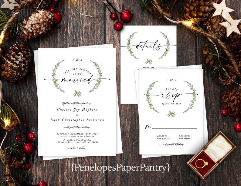 Elegant Winter Wedding Invitation,Tis The Season To Be Married,Evergreen Branches,Calligraphy,Personalize,Printed Invitation,Envelope image 1