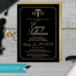 Personalized,Doctor of Medicine,Announcement,Medical School Graduation Invitation,Med School Grad,Black and Gold,Shimmery,Envelope Included