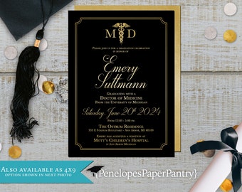 Personalized,Doctor of Medicine,Announcement,Medical School Graduation Invitation,Med School Grad,Black and Gold,Shimmery,Envelope Included