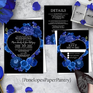 Elegant Royal Blue Rose Wedding Invitation Personalized Heart Wreath Royal Blue Black Silver Print Shimmery Printed Invitation With Envelope
