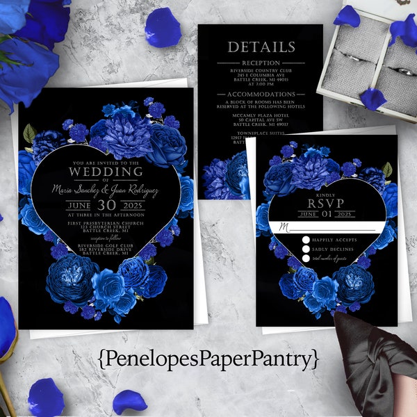 Elegant Royal Blue Rose Wedding Invitation,Royal Blue Rose Wedding Invite,Black,Silver Print Calligraphy,Heart Wreath,Shimmery Invitation