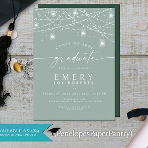 Seafoam Green Graduation Party Invitation,Announcement,Class of 2024,Mason Jar,Fairy Lights,High School,College,Personalize,Printed Card