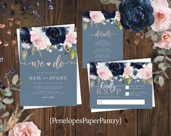 Whimsical Spring Wedding Invitation Dusty Blue, Navy Blue, Pink,Roses,Glitter Print,Shimmery,Personalize,Printed Invitation,Envelope