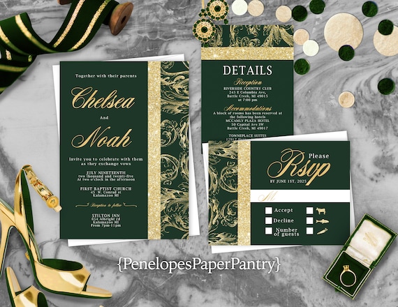 Emerald Green & Gold With Dress Invitations 5 x 7 Cardstock