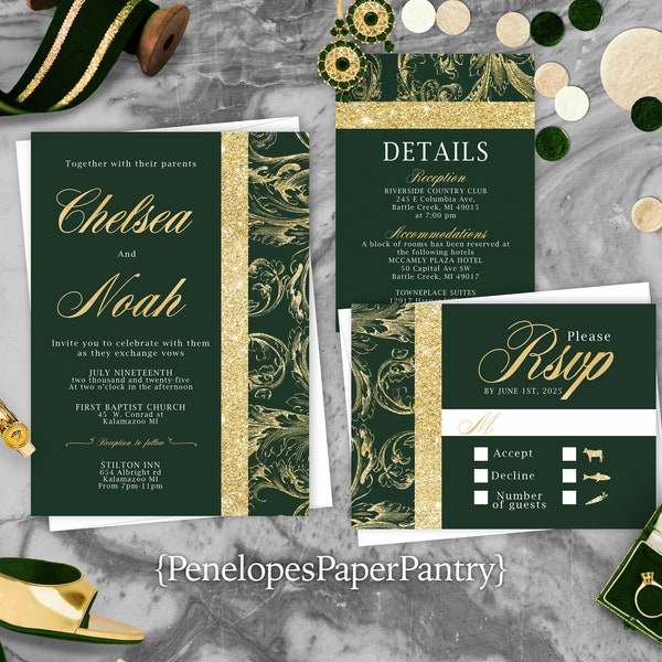 Elegant Emerald Green Wedding Invitation,Emerald and Gold,Calligraphy,Gold Print,Shimmery,Personalize,Printed Invitation,Wedding Set