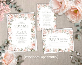 Dusty Rose Floral Wedding Invitation,Personalized,Summer Wedding Invite,Mauve Rose,Blush Rose,Greenery,Envelope Included,Printed Invite Set