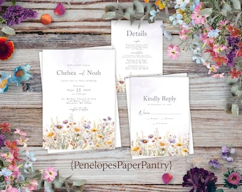 Wildflower Wedding Invitation,Personalized,Summer Wedding Invite,Pastel Wildflower Invite,Custom Text,Envelope Included,Printed Invitation