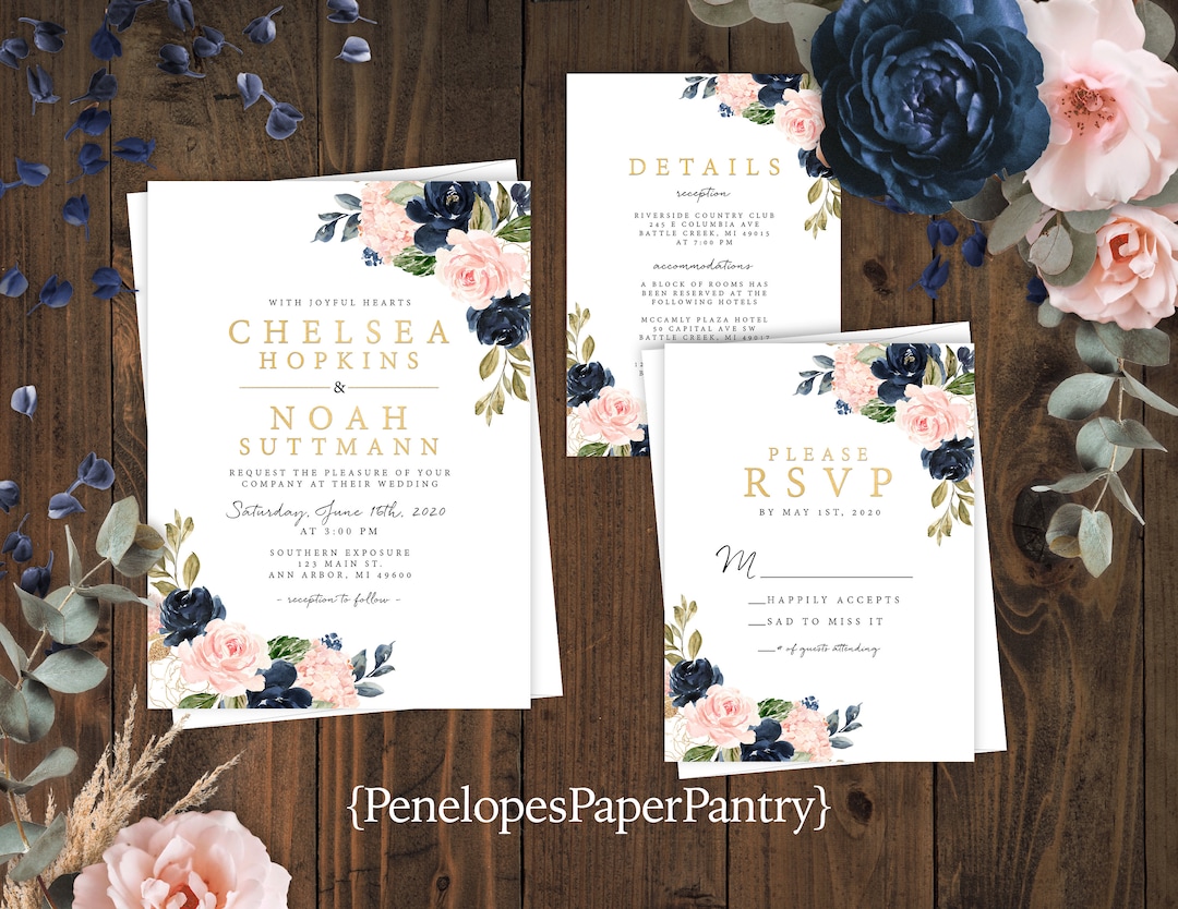 Simple Navy and Pink Floral Summer Wedding Invitations,navy Blue,pink ...