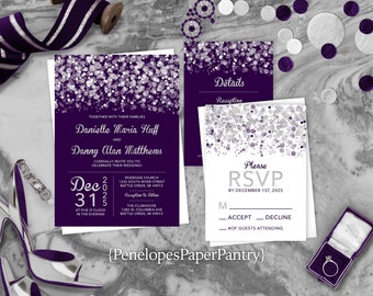 Modern Purple and Silver Wedding Invitation,Purple,Silver,Confetti,Splatter,Glitter Print,Shimmery,Custom,Printed Invitation,Wedding Set