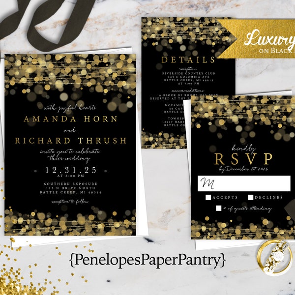 Bling Black and Gold Foil Wedding Invitation,Black,Gold Foil,Wedding Invite,Black and Gold,Bubble Lights,New Years Eve,Envelope Included