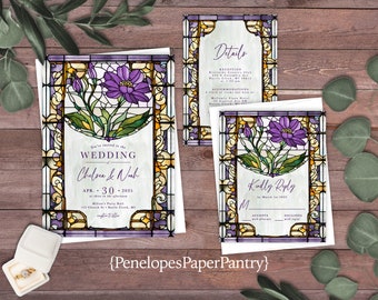 Floral Stained Glass Wedding Invitation,Stained Glass Wedding Invite,Purple Floral Theme,Calligraphy,Shimmery Invitation,Envelope Included