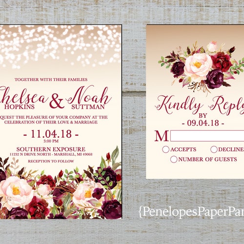 Wedding Invitations Rustic Flowers & Lights 50 Invitations & RSVP Cards 