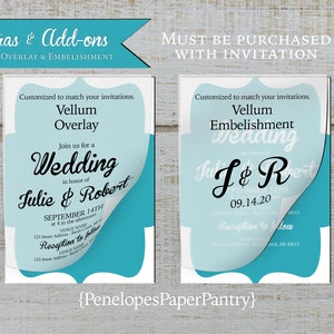 May include: Two wedding invitation designs with a vellum overlay. The first design is for a wedding with the names Julie & Robert and the date September 14th. The second design is for a wedding with the initials J & R and the date 09.14.20. Both designs are in a light blue color scheme with a teal border.