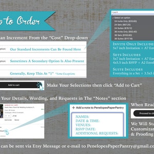 May include: How to order a custom invitation suite. Choose from a variety of sizes and quantities.  The image shows a screenshot of an Etsy shop listing with a price list for different sizes and quantities of invitations, RSVP cards, and envelopes.  The text "Invite Only Includes 5x7 inch Invitation + A7 Envelope" is visible.  The text "Sets Includes 5x7 inch Invitation + A7 Envelope 4x5.5 inch RSVP + A2 Envelope" is visible.  The text "Suite Includes Everything in a Set + 3.5x5 inch Card" is visible.