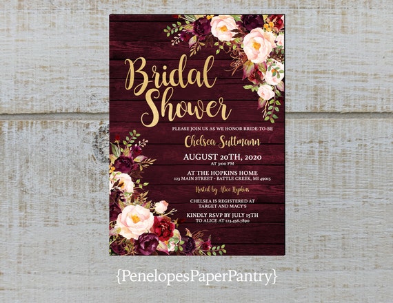 Chic Bridal Shower Burgundy Bridal Brunch Marsala Bridal Shower Invitation Bridal Shower invitation Autumn Invitation Printed invitation